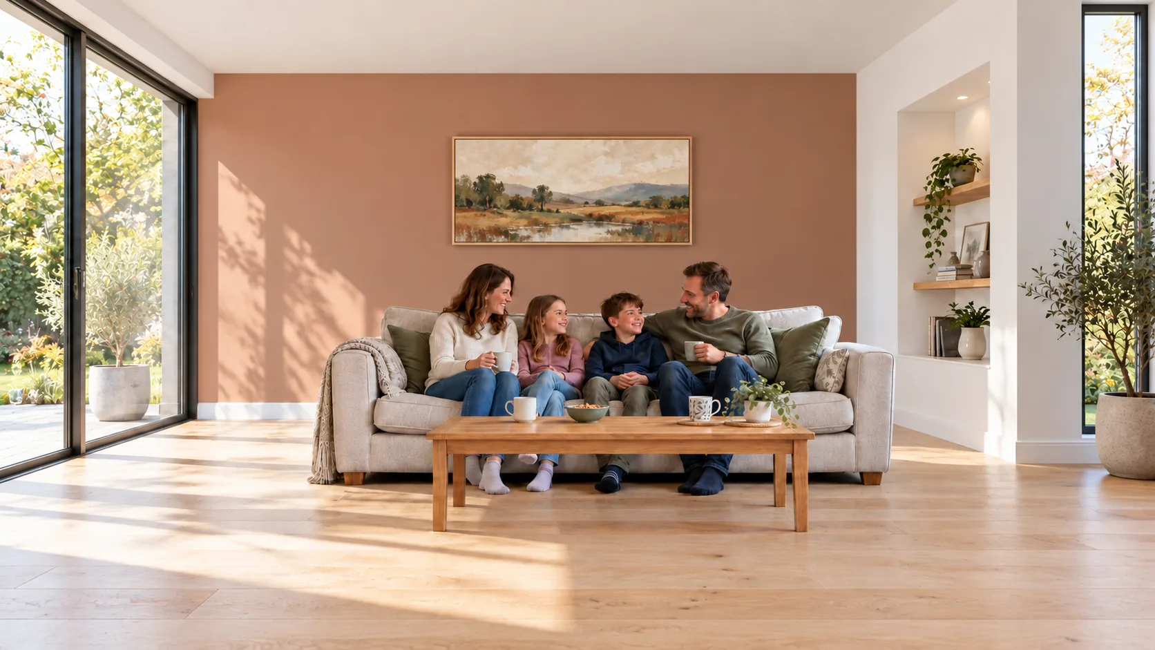 The same family on the sofa in their new home