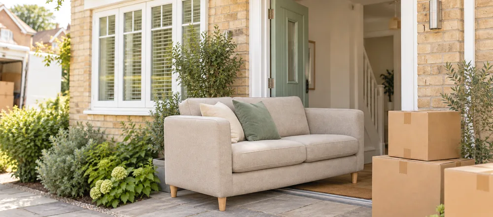 Sofa being carried through an open doorway